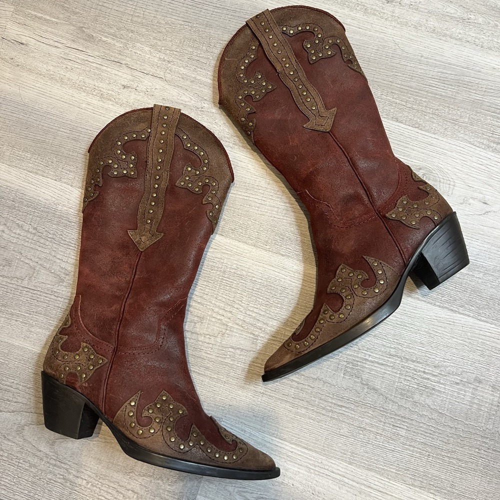 Red Cowboy Boot Women 6M Western Leather Pull Tabs Embroidery‎ Stud Vaneli $340